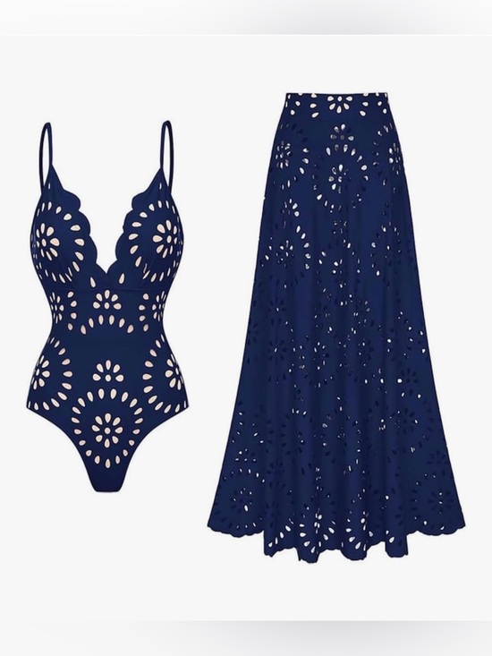 Flaxmaker Other - Flaxmaker One Piece Petal Hollow V Neck Swimsuit and Skirt Blue XL NWT
